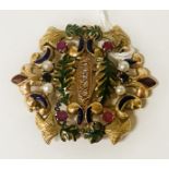 14CT GOLD BROOCH WITH MIXED ENAMEL SEED PEARL, RUBY, SAPPHIRE & OLD CUT DIAMONDS