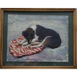 ANOTOLI KUVIN (BORN IN 1931) ''SLEEPING DOG'' OIL ON BOARD 21CMS X 28CMS