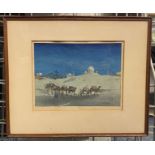 CHARLES BARTLETT SIGNED WOOD BLOCK CAMEL TRAIN IN AGRA 24CMS X 31CMS INNER FRAME SOME SLIGHT