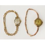 9CT GOLD WRISTWATCH & STRAP WITH A 9CT GOLD CASE WRISTWATCH - BOTH LADIES