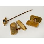 GOLD CUFFLINKS WITH 9CT GOLD SAPPHIRE PIN BROOCH