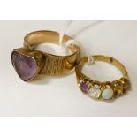 TWO 9CT GOLD RINGS AMETHYST, DIAMOND & OPAL - APPROX 6.3 TOTAL WEIGHT - STONES MISSING