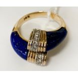 14CT GOLD DIAMOND & LAPIS LAZULI DESIGNER RING - SIZE M - 7 GRAMS APPROX