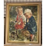 OIL ON CANVAS 2 CHILDREN WITH RABBIT BY ROKA 71CMS X 86CMS APPROX