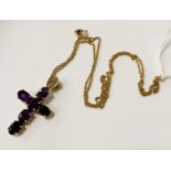 9CT GOLD AMETHYST CROSS & CHAIN - TOTAL WEIGHT APPROX 3.03 GRAMS