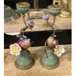 PAIR OF BRONZE & PORCELAIN BIRD CANDLESTICKS