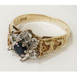 9CT GOLD DIAMOND & SAPPHIRE CLUSTER RING - SIZE O - 3.4 GRAMS APPROX