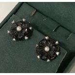 18CT WHITE GOLD JET EARRINGS WITH DIAMONDS & SEED PEARL CENTRE