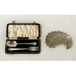 800 GRADE SILVER PIN DISH WITH A HM SILVER CHRISTENING SET - 2 PIECE BOXED - 3.2 OZ APPROX
