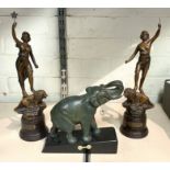 SPELTER ELEPHANT & 2 FIGURES