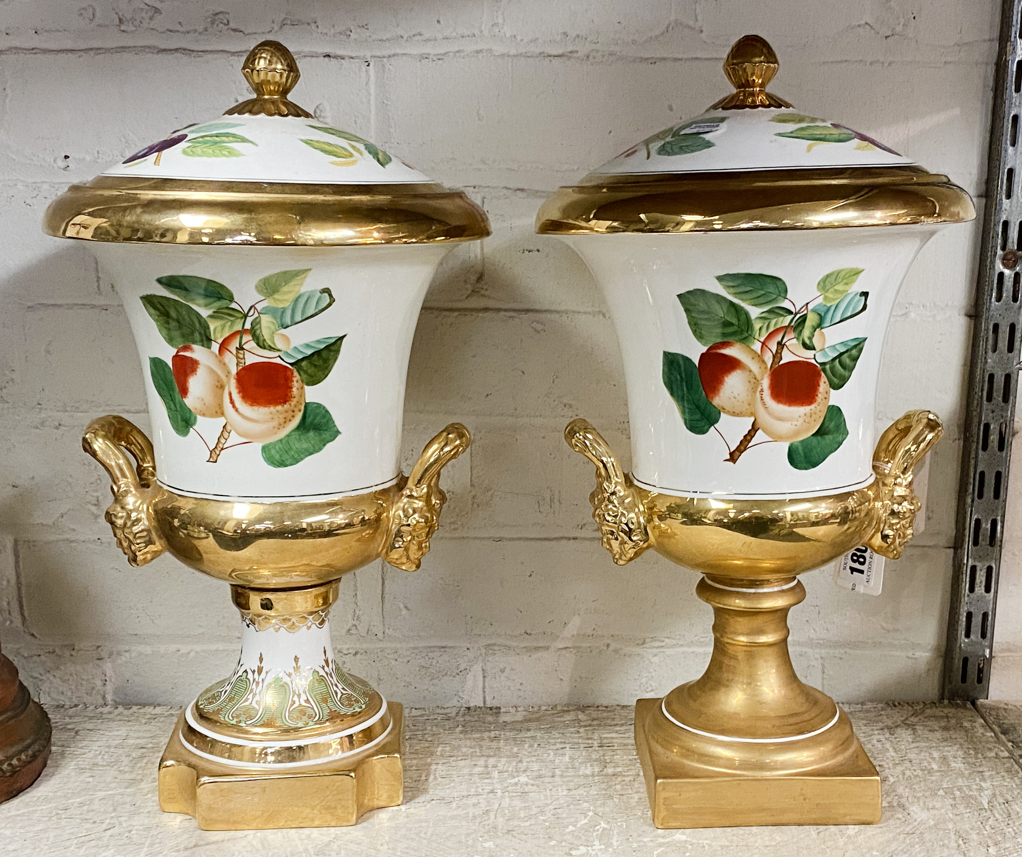 PAIR OF GILDED HAND PAINTED LIDDED URNS - 42 CMS (H)