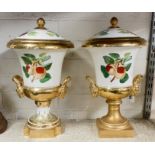 PAIR OF GILDED HAND PAINTED LIDDED URNS - 42 CMS (H)