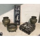 3 CHINESE CENSERS/VASE & 2 MOTHER OF PEARL INLAID BOXES