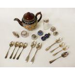 QTY OF SILVER ITEMS - PERFUME BOTTLES, QTY OF SILVER SPOONS & DOULTON TEAPOT