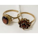TWO 9CT GOLD & GARNET RINGS - SIZES O/P & P - 5.6 GRAMS APPROX