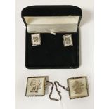 CHINESE SILVER & MOTHER OF PEARL SHAWL CLIP/ EARRING SET