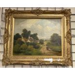J.MORRIS SIGNED OIL ON CANVAS OF COTTAGE & LAKE 35CMS (H) X 44.5CMS (W) APPROX INNER FRAME