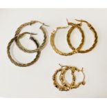 THREE PAIRS OF 9CT GOLD HOOP EARRINGS - APPROX 3.5 GRAMS