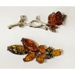 2 SILVER & AMBER BROOCHES