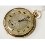 9CT GOLD MOTHER OF PEARL ART DECO OPEN FACED POCKET WATCH - 53.8 GRAMS TOTAL APPROX