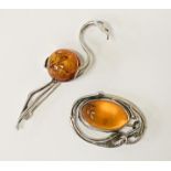 2 SILVER/AMBER BROOCHES