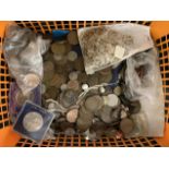 BOX OF MIXED COINS - SOME UNUSED ONE SHILLING STAMPS