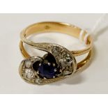 18CT GOLD SAPPHIRE OLD CUT DIAMOND RING SIZE N