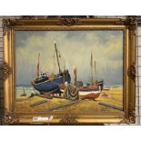 GILT FRAMED OIL ON CANVAS OF FISHING BOATS AT BAY BY FRANCIS IVES NAYLOR