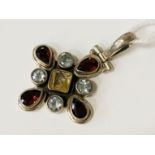 STERLING SILVER AQUAMARINE, GARNET & CITRINE PENDANT