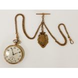 14 CARAT GOLD POCKET WATCH BY E. GUBELIN (SWISS) ON 9CT GOLD FOB CHAIN (CHAIN WEIGHT 32.5G APPROX,