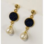 14K GILT SILVER DRUZY & PEARL EARRINGS