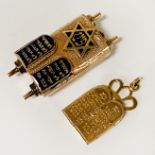 18CT GOLD TEN COMMANDMENT PENDANT APPROX 3.5 GRAMS WITH 14CT GOLD TORAH PENDANT - APPROX 11 GRAMS