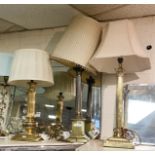 THREE BRASS COLUMN TABLE LAMPS WITH SHADES