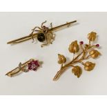 3 X 9CT GOLD BROOCHES