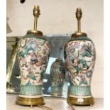 PAIR OF EARLY ORIENTAL HAND PAINTED LAMPS A/F BASE IS LOOSE