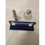 SILVER SUGAR CASTOR & PERFUME BOTTLE & PAPER KNIFE