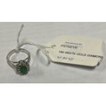 18K WHITE GOLD DIAMOND & EMERALD RING SIZE L - 4.8 GRAMS APPROX