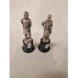 PAIR OF ANTIQUE SILVERED BRONZE FIGURES ON MARBLE BASES - 15 CMS (H) APPROX