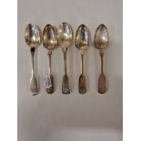FIVE EARLY H/M SILVER TEASPOONS SOME A/F MONOGRAMMED ''N'' - 4 OZS APPROX
