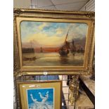 MID CENTURY OIL ON BOARD - BOATS AT LOW TIDE - MONOGRAMMED W.J.R 38CMS (H) X 55CMS (W) INNER FRAME -