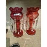 TWO PINK BOHEMIAN LUSTRE LAMPS 37CMS (H) APPROX