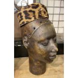 AFRICAN METAL BENIN HEAD WITH HAT IN BRONZE - 37 CMS APPROX