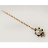 9CT GOLD SALT WATER PEARL & DIAMOND STICK PIN - 2.4 GRAMS APPROX