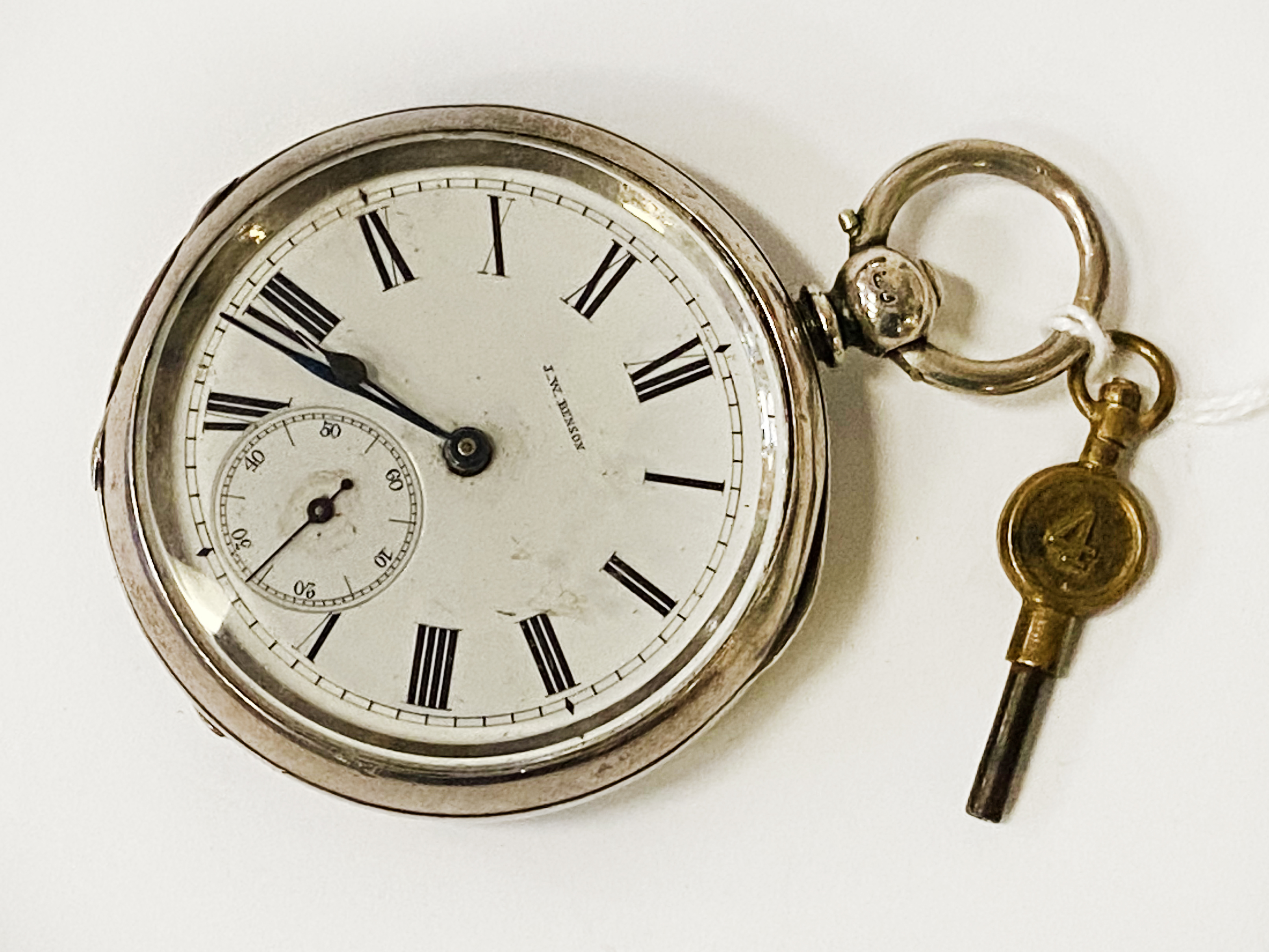 OPENFACE J W BENSON H/M SILVER POCKET WATCH WITH KEY