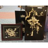 3 MOTHER OF PEARL CHINESE SEASONS PICTURES WITH TWO BASKETS
