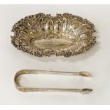 H/M SILVER CHESTER PIN DISH WITH A PAIR OF H/M SILVER TONGS - 3.5 OZS APPROX