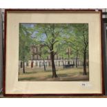 EUNICE SIMEON - OIL ON CANVAS OR HORSE & CART DOWN TREE LINED STREET - SIGNED BOTTOM LEFT - 49 X