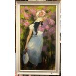 MARIA BOOHITYAROVA (BORN IN 1975) ''AMONG THE FLOWERS'' OIL ON CARD 89.5CM X 49.5CM