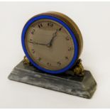 ART DECO ENAMELLED DESK CLOCK IN BOX ON MARBLE BASE A/F - WORKING - 6 CMS (H) APPROX