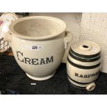 TWO KITCHENALIA ITEMS - RASPBERRY CORDIAL BARREL & CREAM POT - 19THC